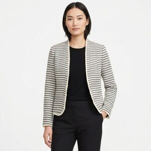 H&M Women’s Size 12 Textured Striped Tweed Jacket Fringe Trim Open Front Blazer